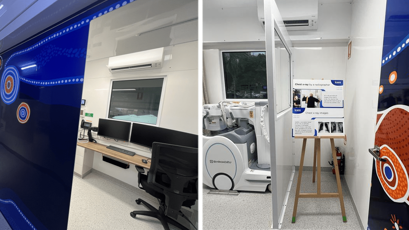 Two photos of the interior of the Mobile Lung Bus showing First Nations artwork and lung screening machinery.