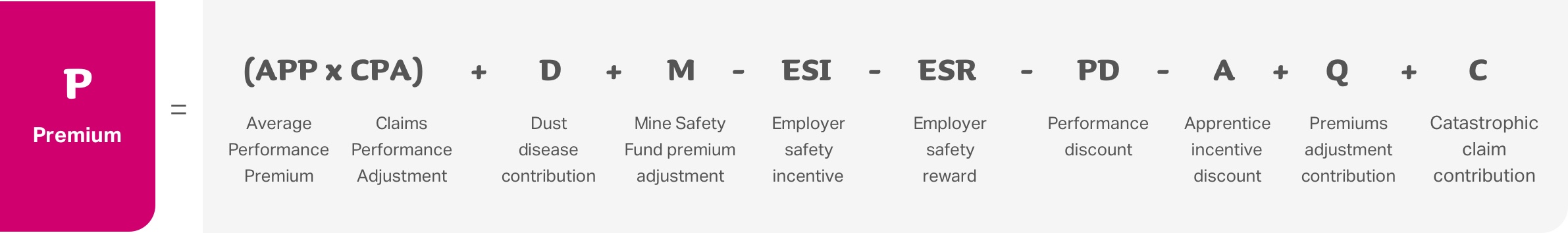 P (Premium) equals Average Performance Premium multiplied by Claims Performance Adjustment plus Dust Disease Contribution plus Mine Safety Fund premium adjustment minus Employer safety incentive minus Employer safety reward minus Performance discount minus Apprentice incentive discount plus Premiums adjustment contribution plus catastrophic claim contribution
