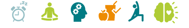 icons of alarm clock, apple, a person meditating, a person stretching and a brain lighting up.