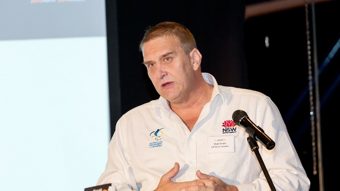 Nigel Smith speaking at icare paralympian speakers evet