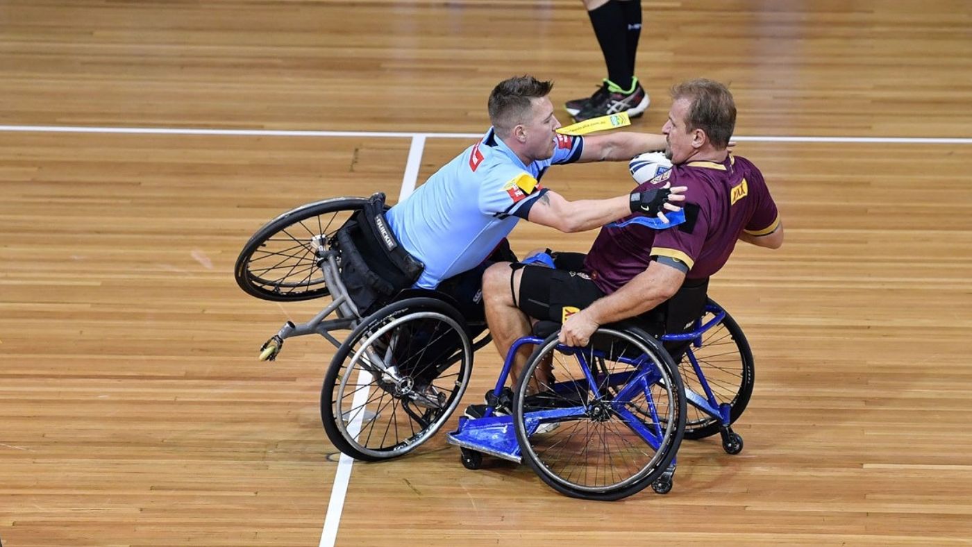 Wheelchair Rugby State of Origin one on one tackle