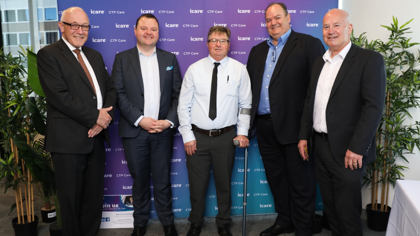 The Honourable Damien Tudehope, NSW Minister for Finance, Mr Adam Dent CEO of SIRA, Mr Robert Spencer CTP Care Client, Mr Richard Harding CEO and Managing Director of icare and Mr John Robertson Chair of the icare Board at the CTP Care launch event.