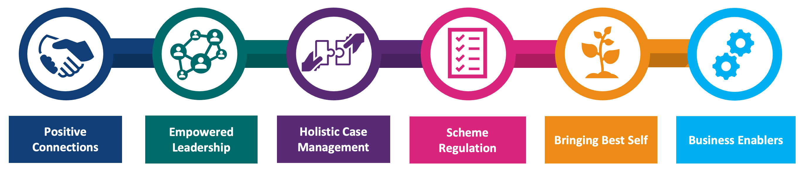 Infographic depicting key elements of the NSW Workers Compensation Scheme professional standards framework including: positive connections, empowered leadership, holistic case management, scheme regulation, bringing best self and business enablers.