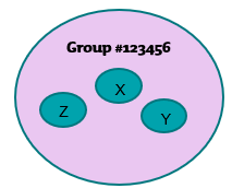 This is an image that represents grouped policies. There are three teal circles within a large pink circle. Inside the teal circles are the letters X, Y and Z, which represent companies that meet the grouping registration requirements. Inside the pink circle is the text group hashtag 123456 which represents the group policy number. The premium for each business is calculated at the same time.