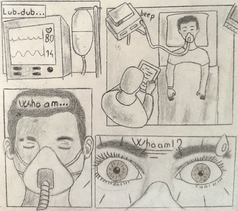 An image of a storyboard with 4 frames drawn. 1 Shows a hospital monitor with the caption 'Lub-dub...'. 2 An overhead view of a person lying on a hospital bed with an oxygen mask attached to a machine and a doctor writing notes. 3. There is a close-up of the person's face with eyes closed with caption 'Who am...'. 4. A close-up on the person's eyes, now wide open with caption 'Who am I?'.