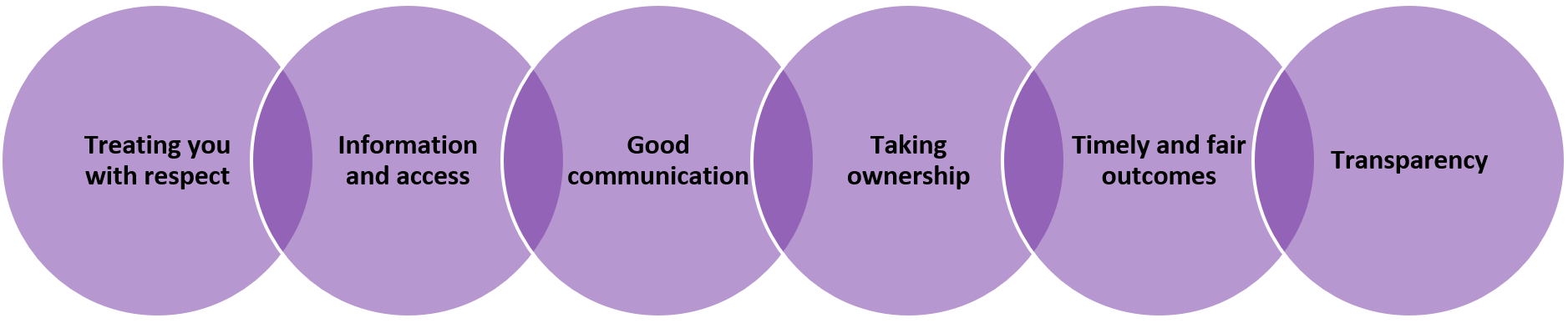 A series of 6 interlinking violet circles. Running from let to right the first circle represents "Treating you with respect", second "Information and access", third "Good communication", fourth "Taking ownership", fifth "Timely and fair outcomes and sixth "Transparency".